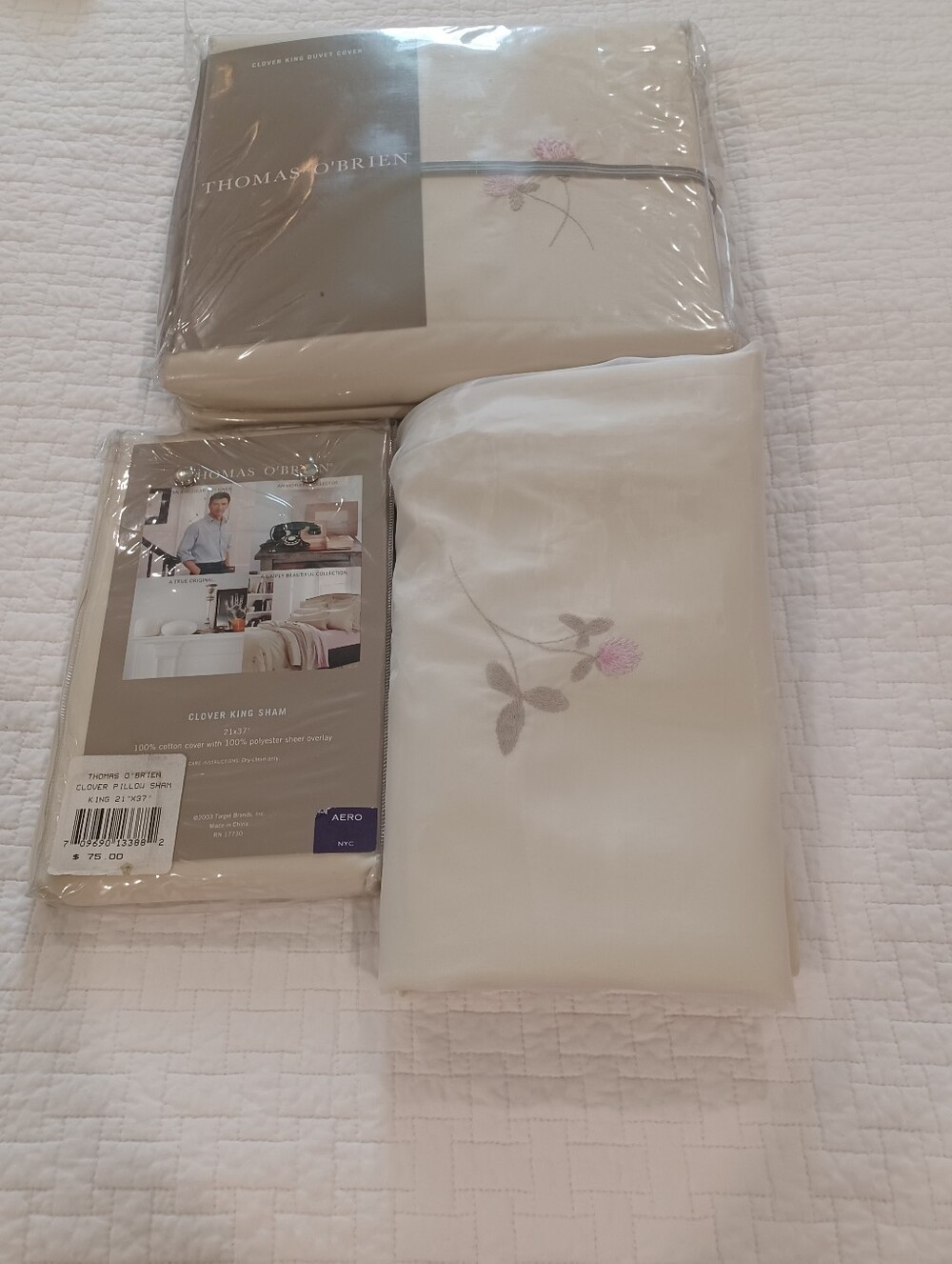 Thomas O'Brien Pale Green "Clover' Embroidered King Duvet & Shams